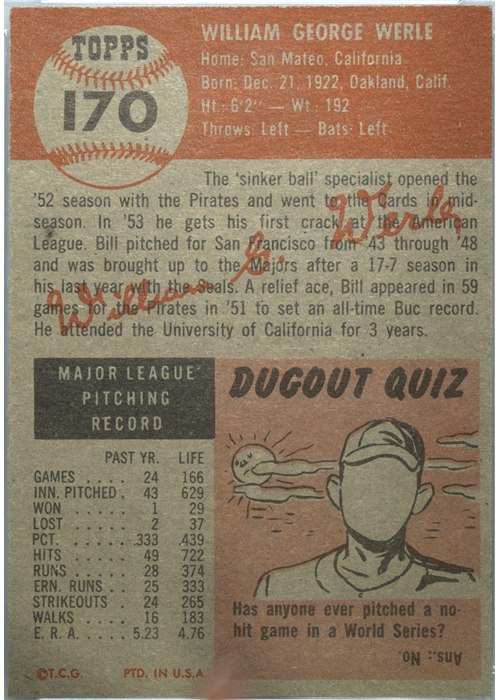 1953 Topps #170 Bill Werle card back