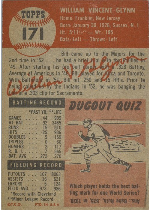 1953 Topps #171 Bill Glynn card back
