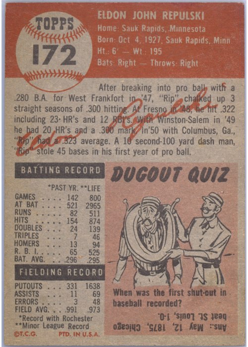 1953 Topps #172 Rip Repulski card back