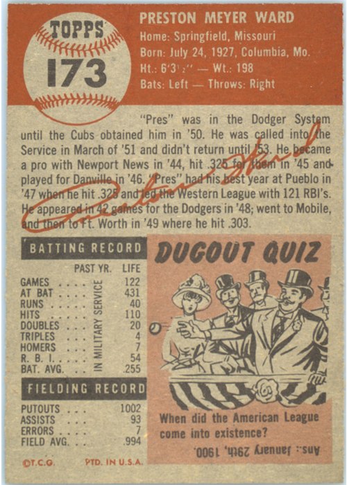 1953 Topps #173 Preston Ward card back