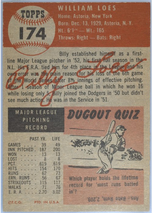 1953 Topps #174 Billy Loes card back