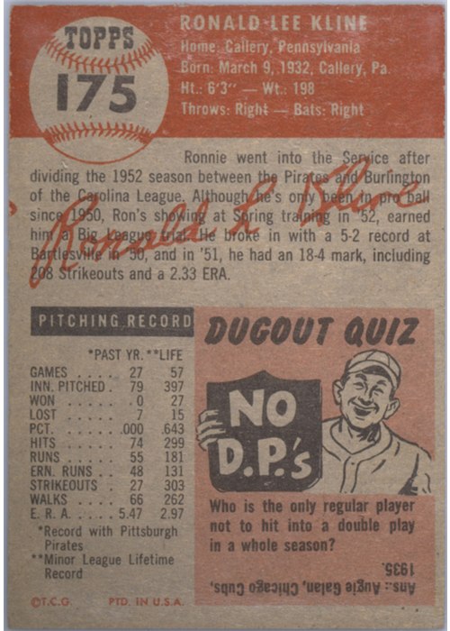 1953 Topps #175 Ron Kline card back