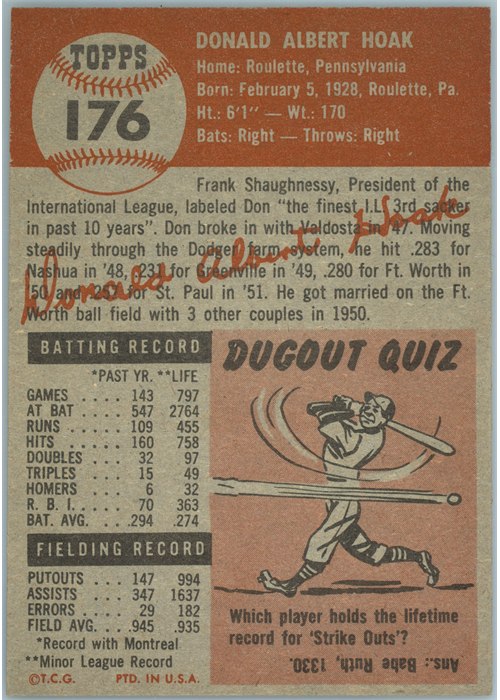 1953 Topps #176 Don Hoak card back