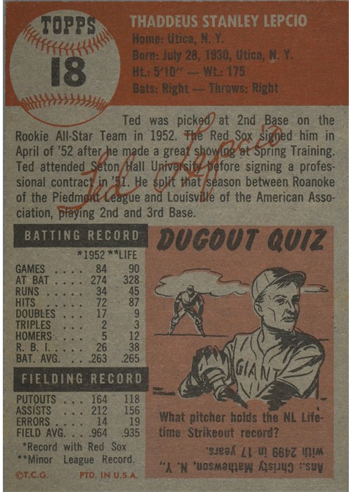 1953 Topps #18 Ted Lepcio card back