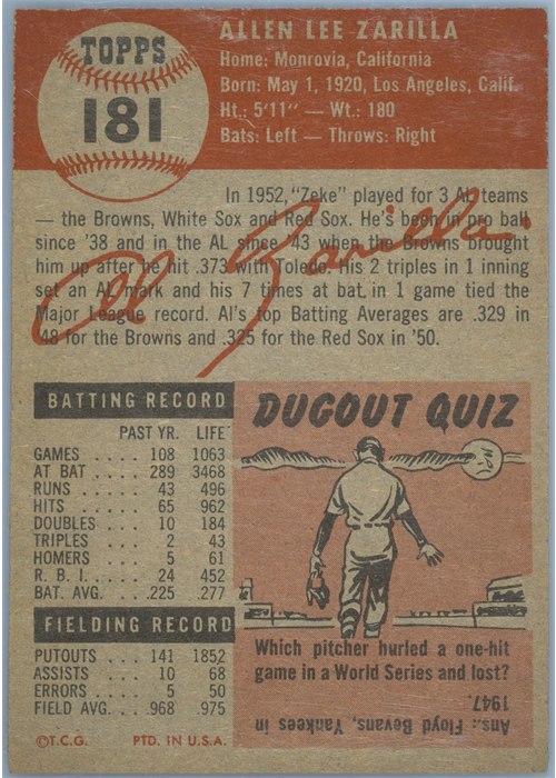 1953 Topps #181 Al Zarilla card back