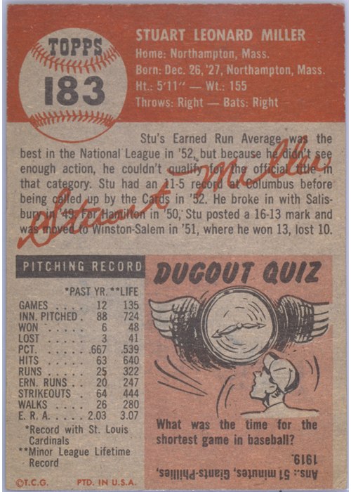 1953 Topps #183 Stu Miller card back