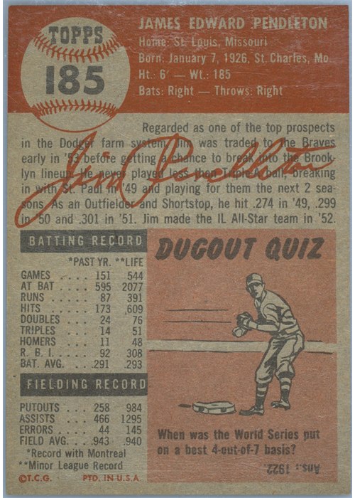 1953 Topps #185 Jim Pendleton card back