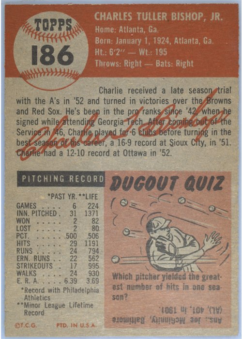 1953 Topps #186 Charlie Bishop card back