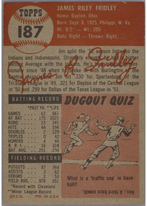 1953 Topps #187 Jim Fridley card back