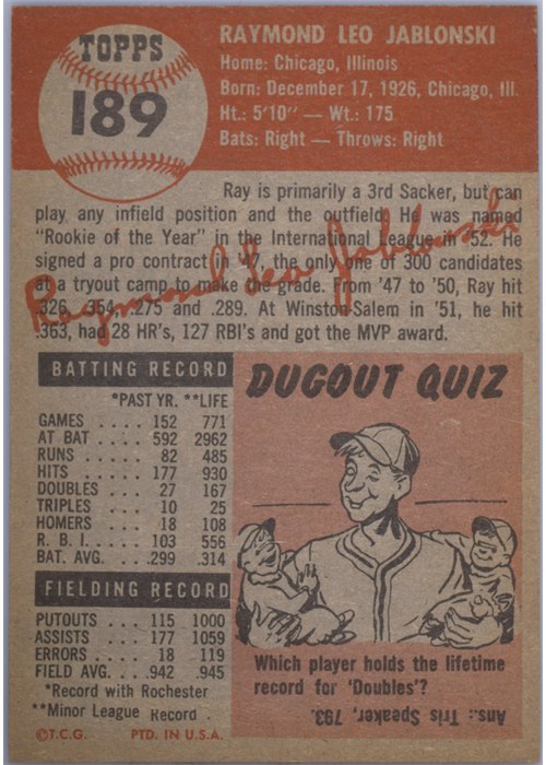 1953 Topps #189 Ray Jablonski card back