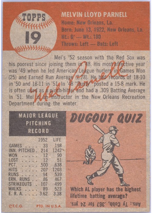 1953 Topps #19 Mel Parnell card back