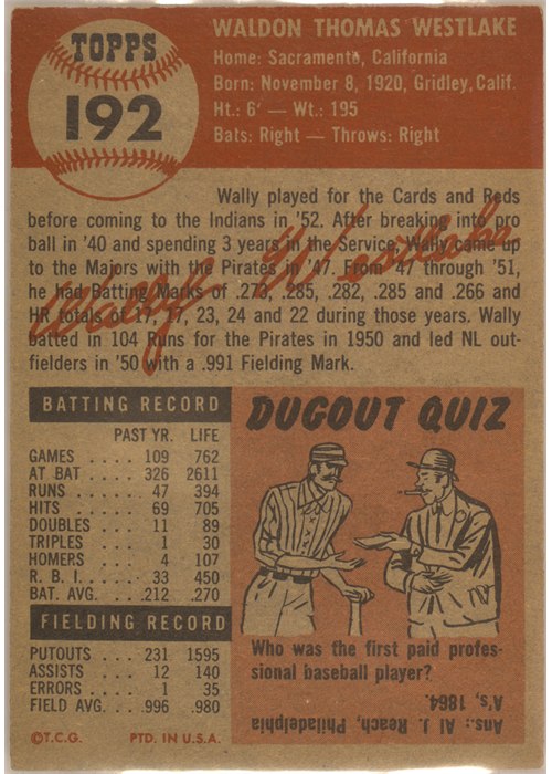 1953 Topps #192 Wally Westlake card back