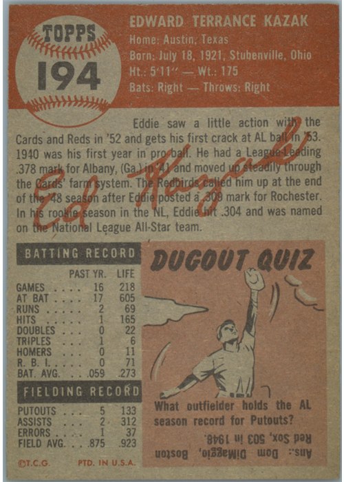1953 Topps #194 Eddie Kazak card back