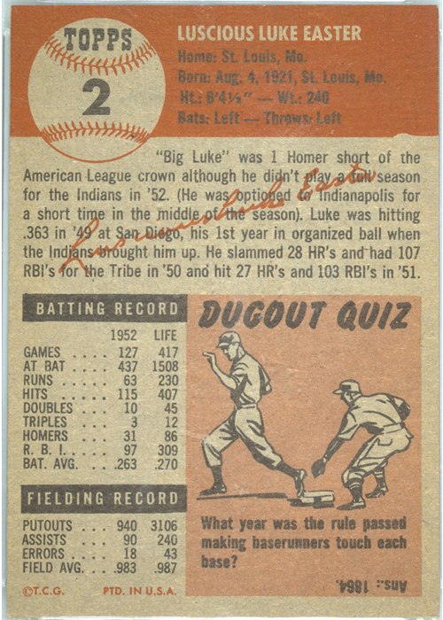 1953 Topps #2 Luke Easter card back