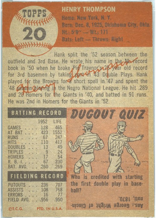 1953 Topps #20 Hank Thompson card back