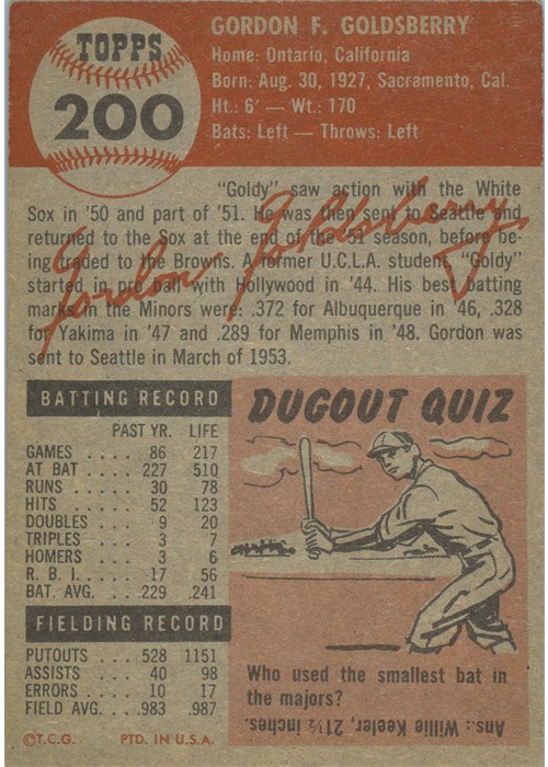 1953 Topps #200 Gordon Goldsberry card back