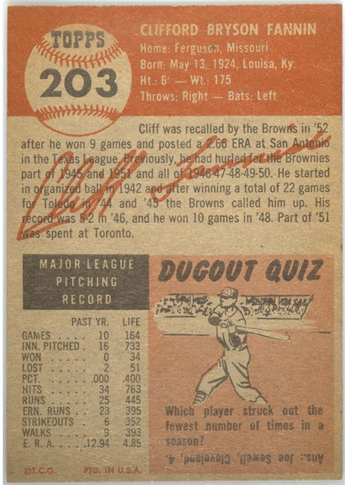 1953 Topps #203 Cliff Fannin card back