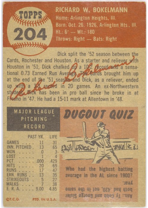 1953 Topps #204 Dick Bokelmann card back