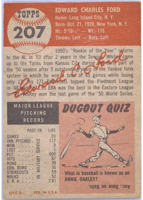 1953 Topps #207 Whitey Ford card back