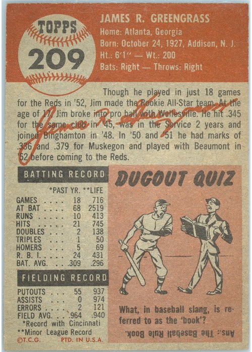 1953 Topps #209 Jim Greengrass card back