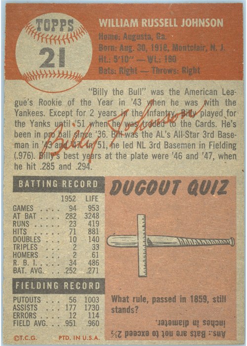 1953 Topps #21 Billy Johnson card back