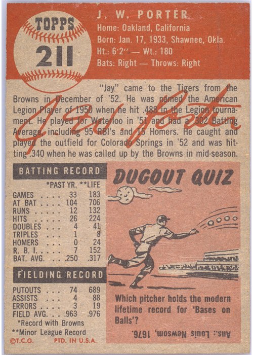 1953 Topps #211 J.W. Porter card back