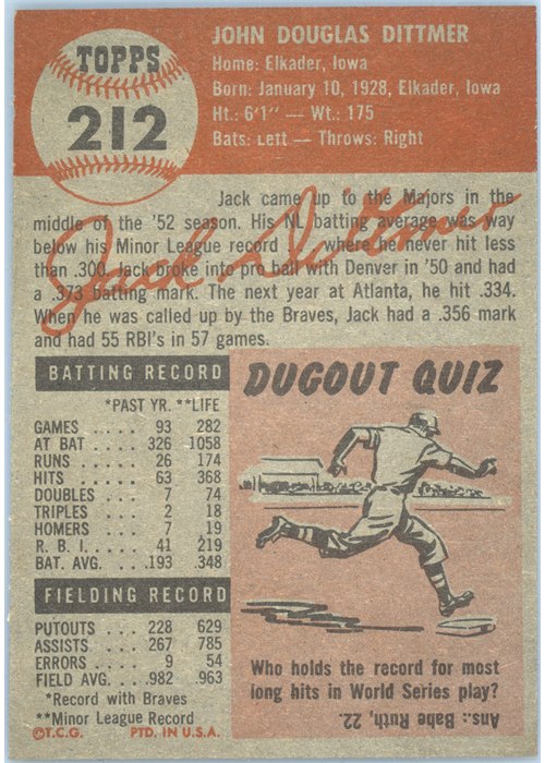 1953 Topps #212 Jack Dittmer card back
