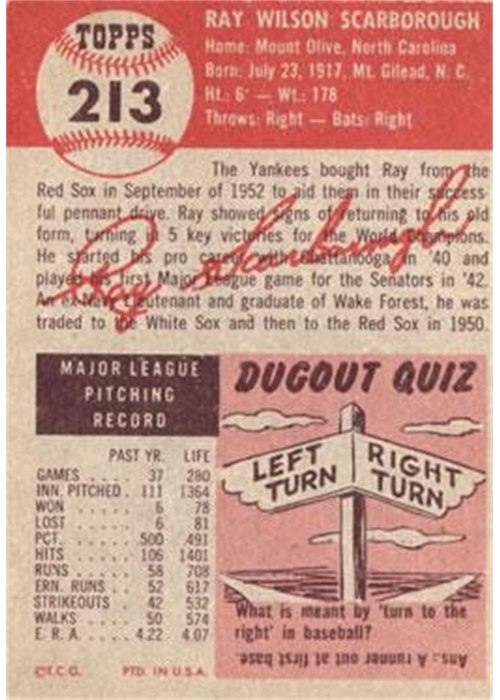 1953 Topps #213 Ray Scarborough card back