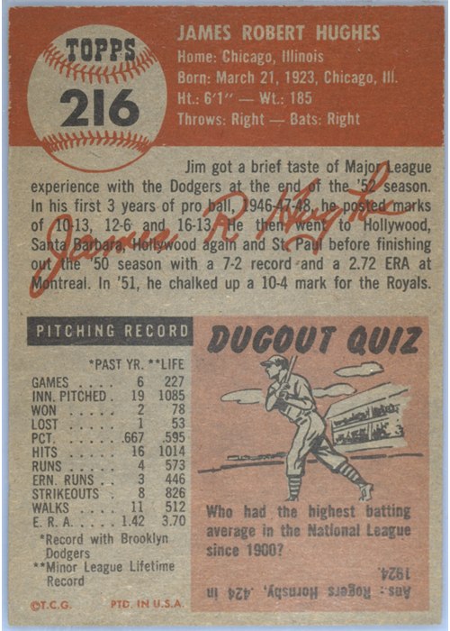 1953 Topps #216 Jim Hughes card back