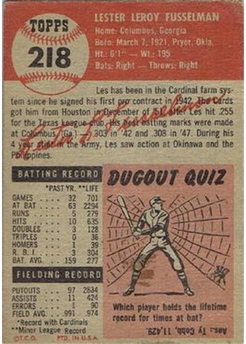 1953 Topps #218 Les Fusselman card back
