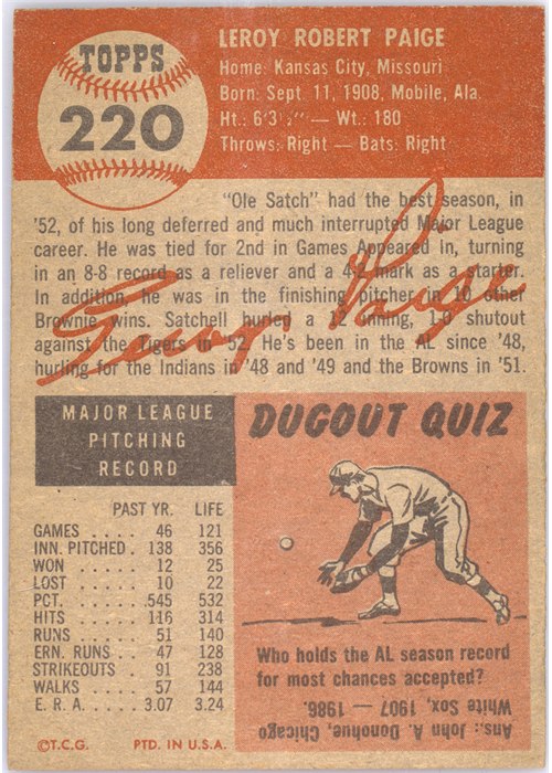 1953 Topps #220 Satchel Paige card back
