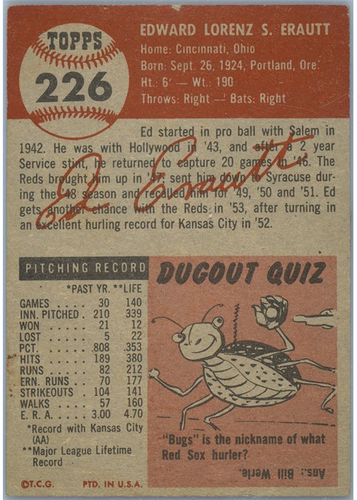 1953 Topps #226 Ed Erautt card back