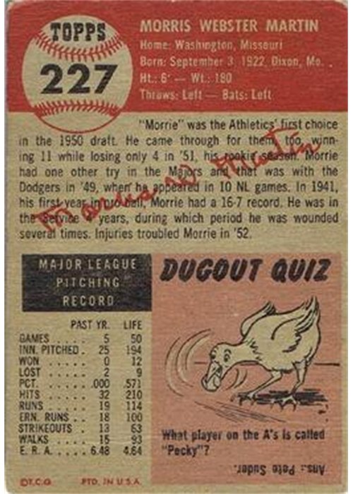 1953 Topps #227 Morris Martin card back