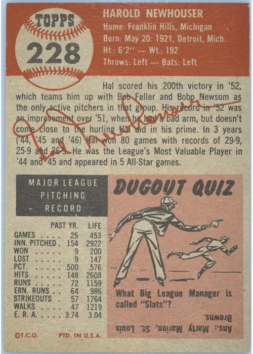 1953 Topps #228 Hal Newhouser card back