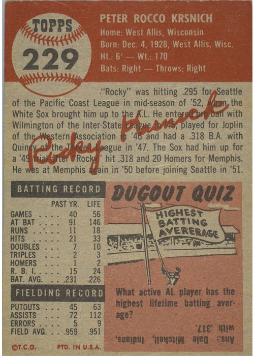 1953 Topps #229 Rocky Krsnich card back