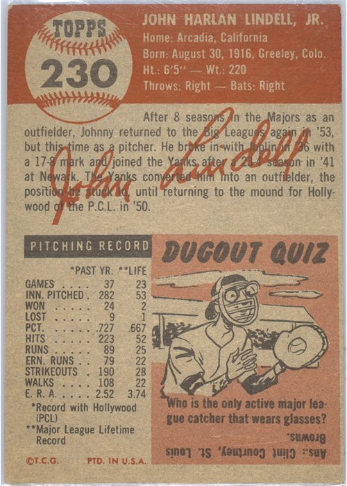 1953 Topps #230 Johnny Lindell card back