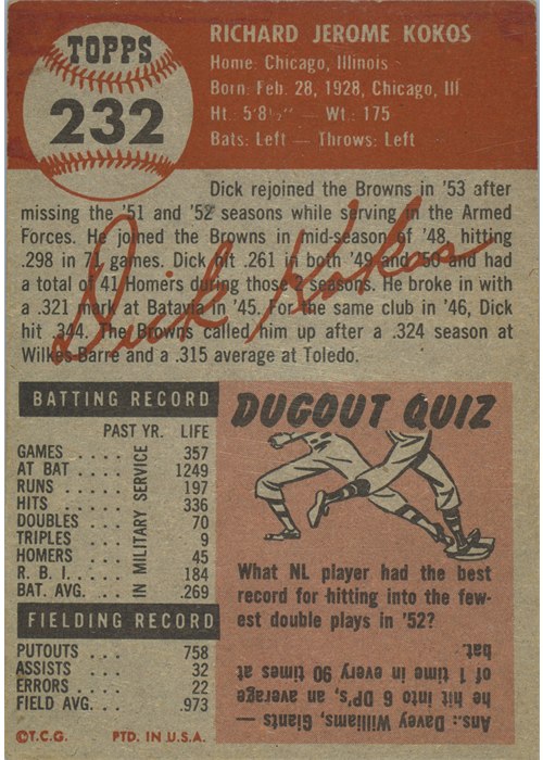1953 Topps #232 Dick Kokos card back
