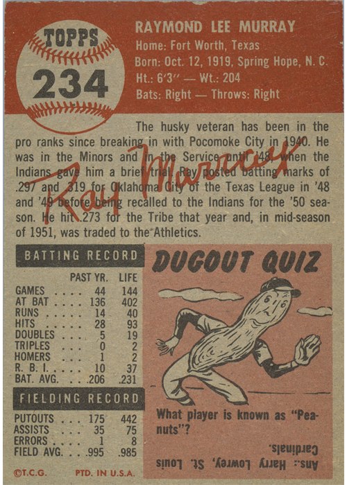 1953 Topps #234 Ray Murray card back