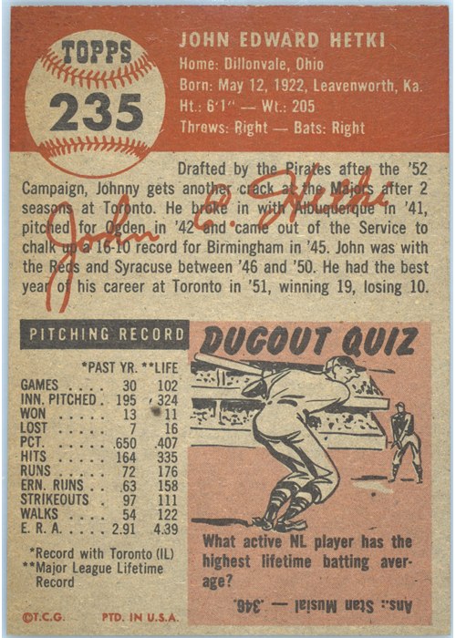 1953 Topps #235 John Hetki card back