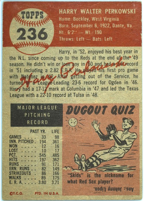 1953 Topps #236 Harry Perkowski card back