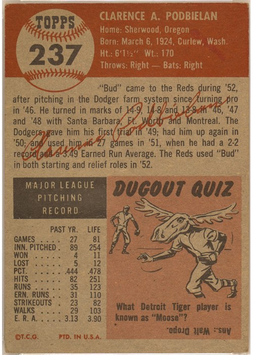 1953 Topps #237 Bud Podbielan card back