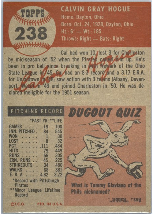 1953 Topps #238 Cal Hogue card back