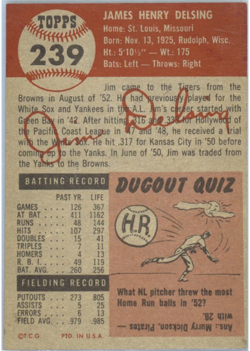 1953 Topps #239 Jim Delsing card back