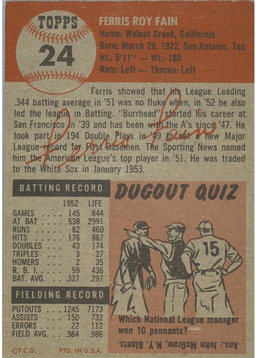 1953 Topps #24 Ferris Fain card back