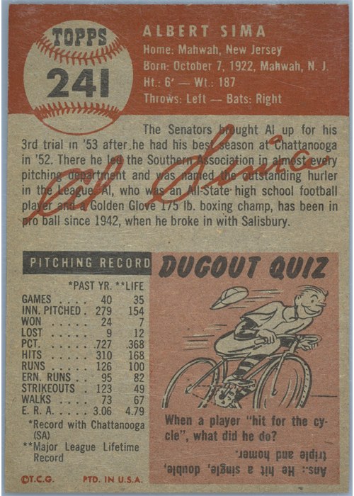 1953 Topps #241 Al Sima card back