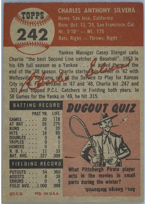 1953 Topps #242 Charlie Silvera card back