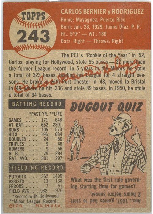 1953 Topps #243 Carlos Bernier card back