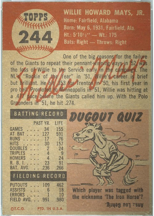 1953 Topps #244 Willie Mays card back