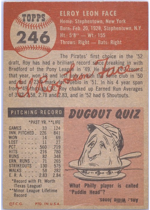1953 Topps #246 Roy Face card back