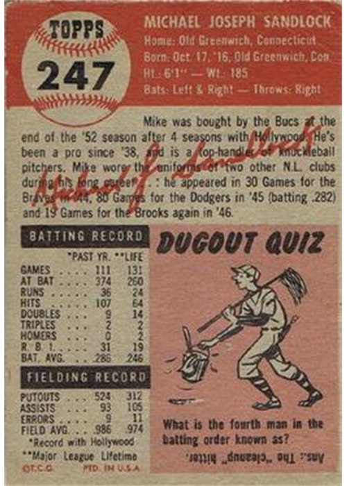 1953 Topps #247 Mike Sandlock card back